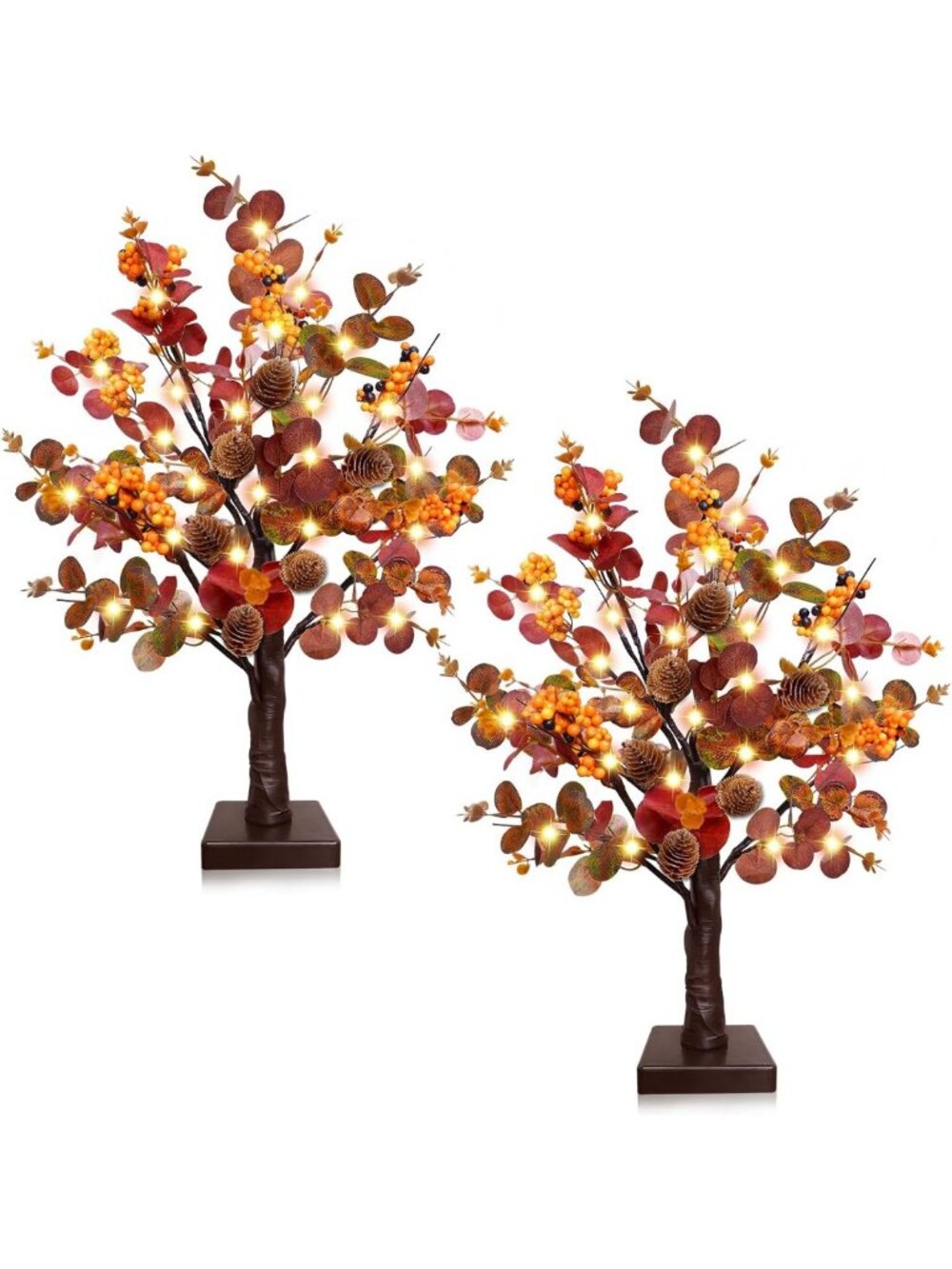 Prelit Fall Trees 18 Inch Tabletop Decor - 2 Pack with 48 LED Timer Lights